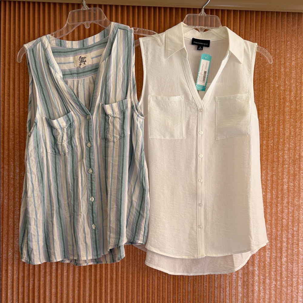 Aqua Stripe and White Sleeveless Button-Up Top Lot of 2